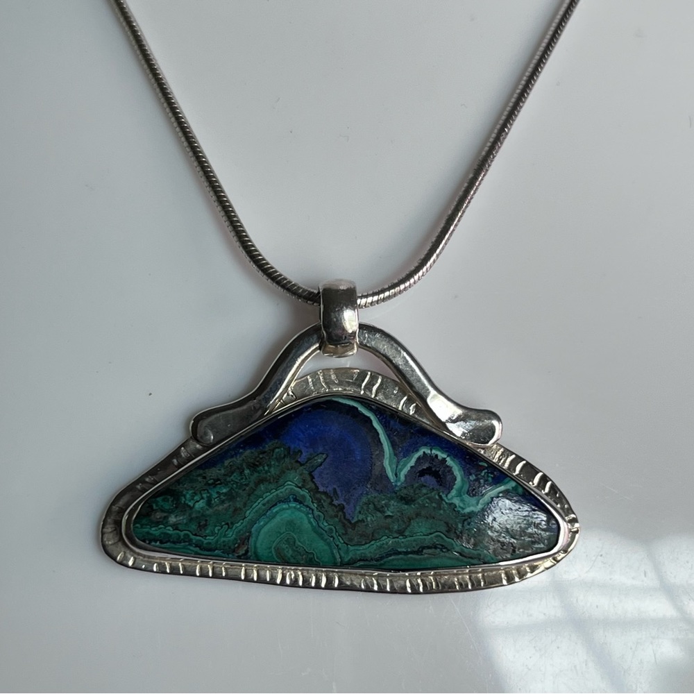 Sterling Silver Azurite-Malachite 1.5” Pendant on 18” Sterling Snake Chain 12.6g